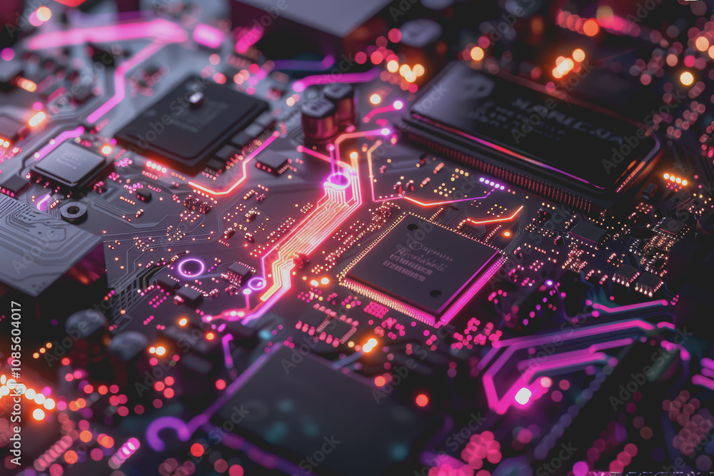 Poster futuristic advanced technology in bright colors data flows through the microchip and motherboard.