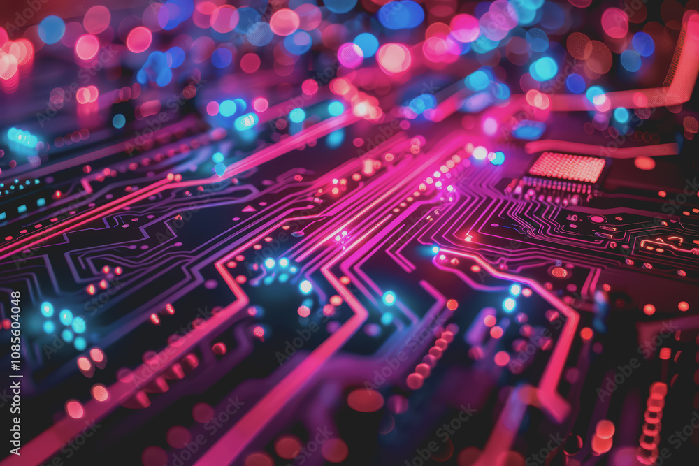 Poster futuristic advanced technology in bright colors data flows through the microchip and motherboard.