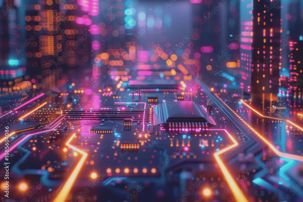 Poster futuristic advanced technology in bright colors data flows through the microchip and motherboard.
