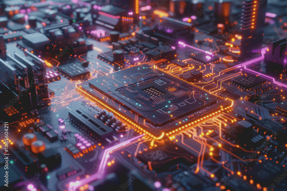Poster futuristic advanced technology in bright colors data flows through the microchip and motherboard.