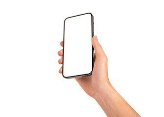 Hand showing smartphone with blank screen isolated on white background.