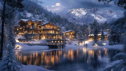 Obraz premium Cozy winter lodge by a serene lake at night.