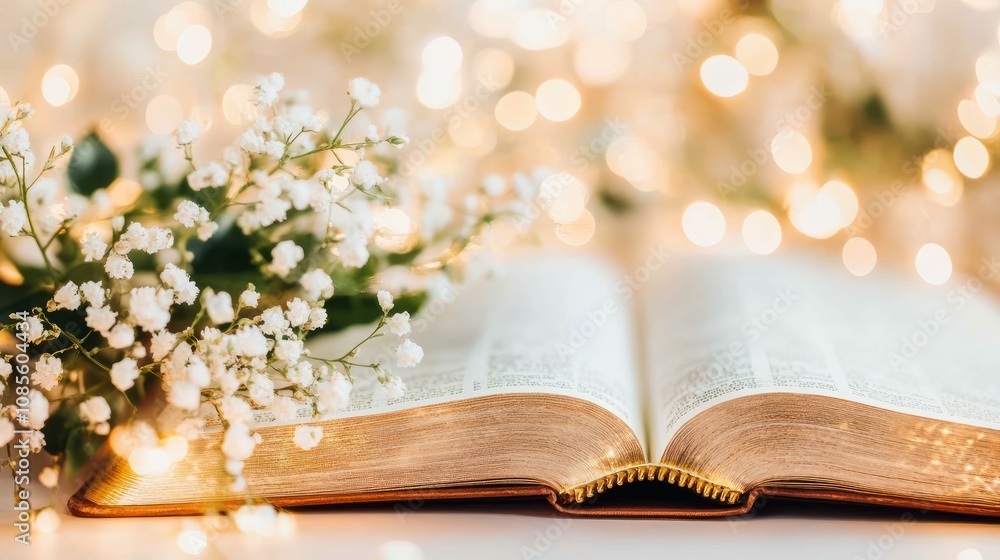 Poster an open book surrounded by flowers and soft lights, creating a serene atmosphere.