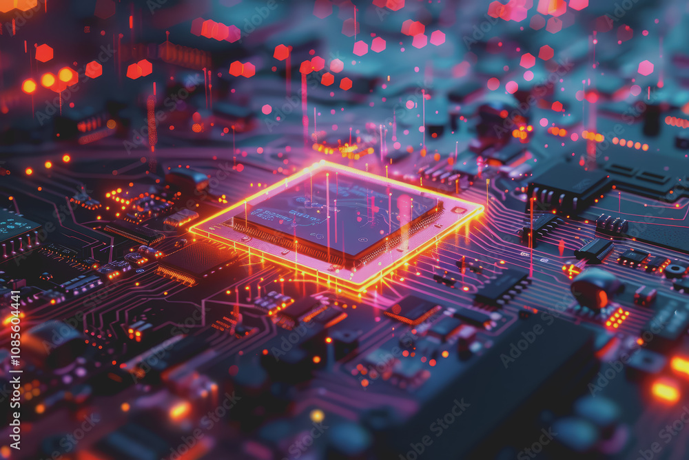 Poster futuristic advanced technology in bright colors data flows through the microchip and motherboard.