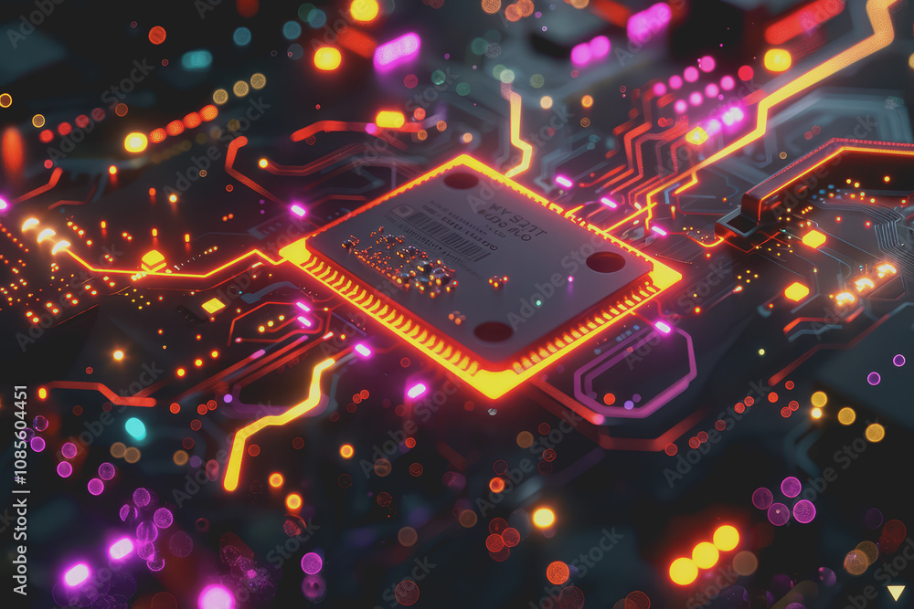 Poster futuristic advanced technology in bright colors data flows through the microchip and motherboard.