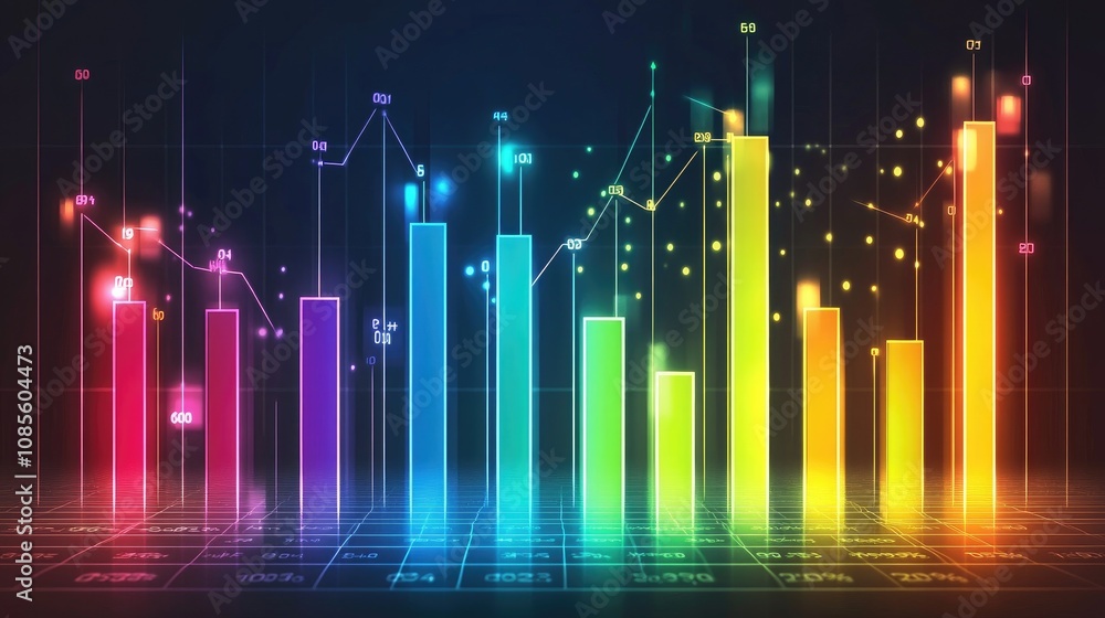 Poster colorful graphs and data visualizations representing growth and trends in business performance and m
