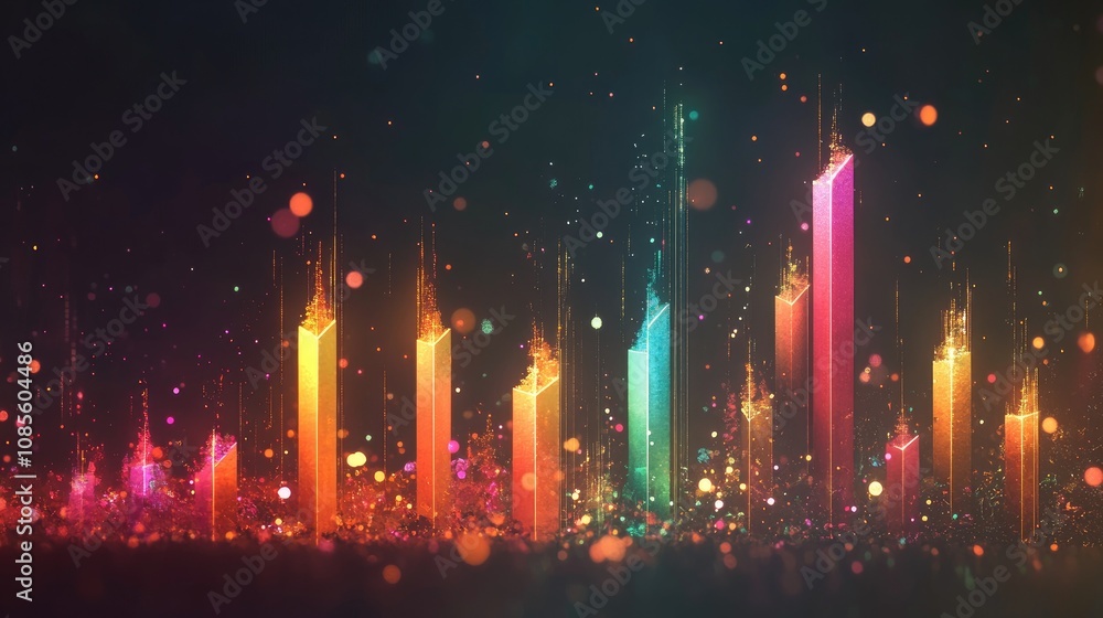 Poster vibrant abstract digital visualization of data and statistics with colorful bars, light effects, and
