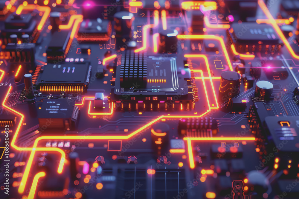 Aufkleber futuristic advanced technology in bright colors data flows through the microchip and motherboard.