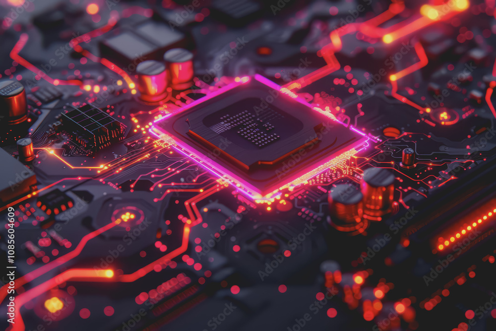 Poster futuristic advanced technology in bright colors data flows through the microchip and motherboard.