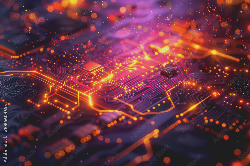 Aufkleber futuristic advanced technology in bright colors data flows through the microchip and motherboard.