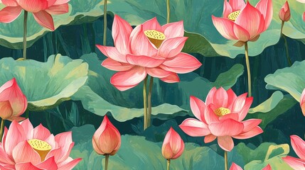 Seamless pattern of hand drawn pink lotus flowers against a vibrant green background botanical design for textile and print use
