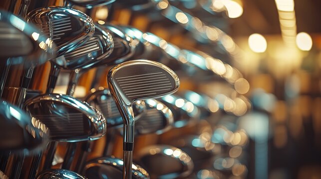 Close-up of golf clubs in a sports shop, showcasing shiny metal heads and grips in warm lighting. Perfect for those passionate about golf and leisure activities.