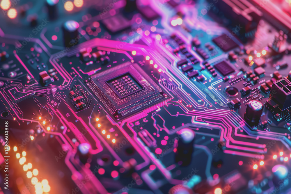 Aufkleber futuristic advanced technology in bright colors data flows through the microchip and motherboard.