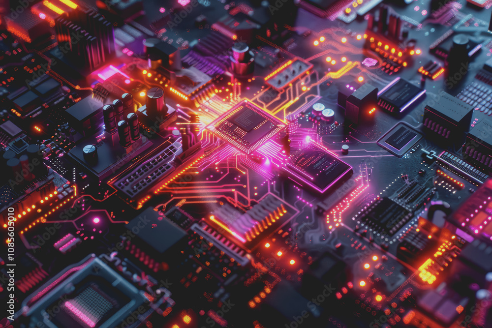 Aufkleber futuristic advanced technology in bright colors data flows through the microchip and motherboard.