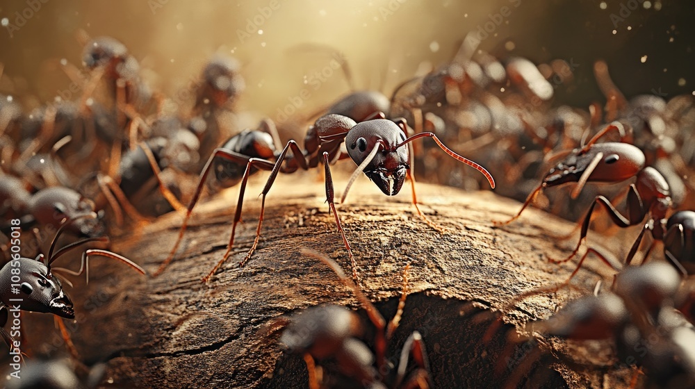 Poster close-up of determined ants crawling on a log in a mystical forest with soft focus and natural light