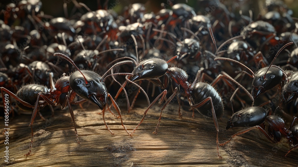 Poster close-up view of a thriving ant colony on a natural surface, showcasing their intricate features and