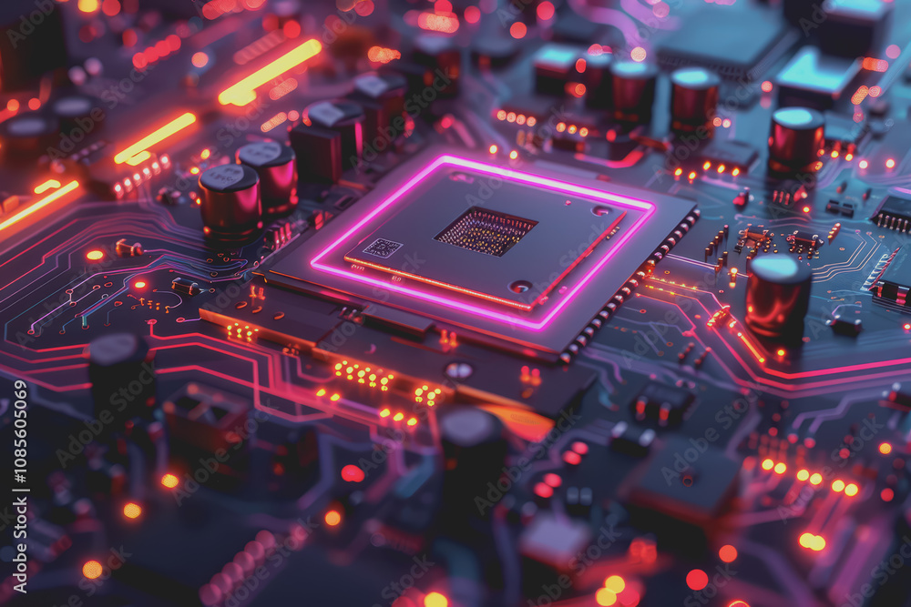 Poster futuristic advanced technology in bright colors data flows through the microchip and motherboard.