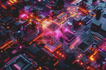 Fototapeta premium Futuristic advanced technology in bright colors Data flows through the microchip and motherboard.