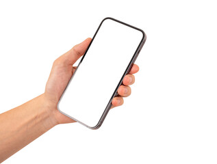 Hand showing smartphone with blank screen isolated on white background.
