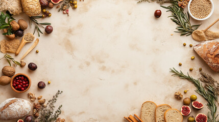 Rustic Bakery Frame:  An inviting border of fresh baked breads, fruits, and herbs surrounds a central space on a rustic beige background.