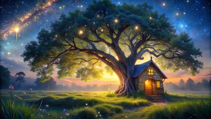 Enchanted Treehouse Underneath a Starry Sky with a Glowing Pathway Leading to the Front Door