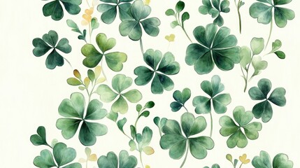 Hand drawn watercolor clover pattern with shamrocks symbolizing good luck on a white background for festive decorations spring design