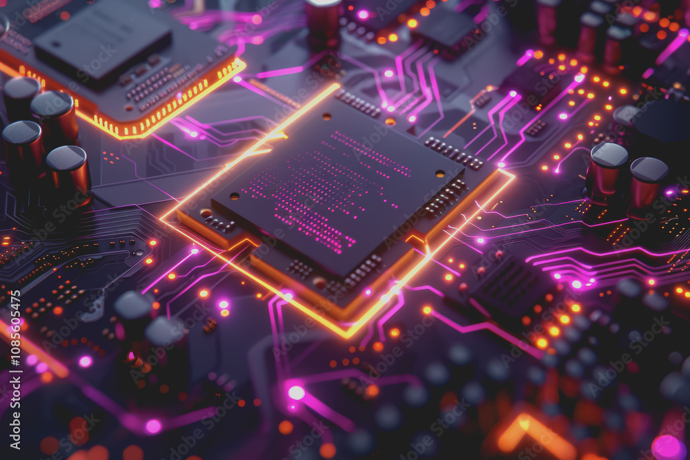 Aufkleber futuristic advanced technology in bright colors data flows through the microchip and motherboard.