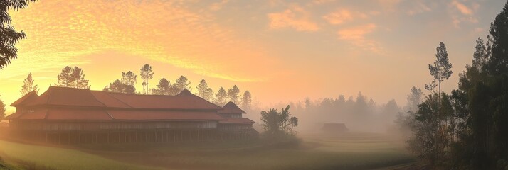 A serene landscape featuring a traditional building amidst fog and sunrise.