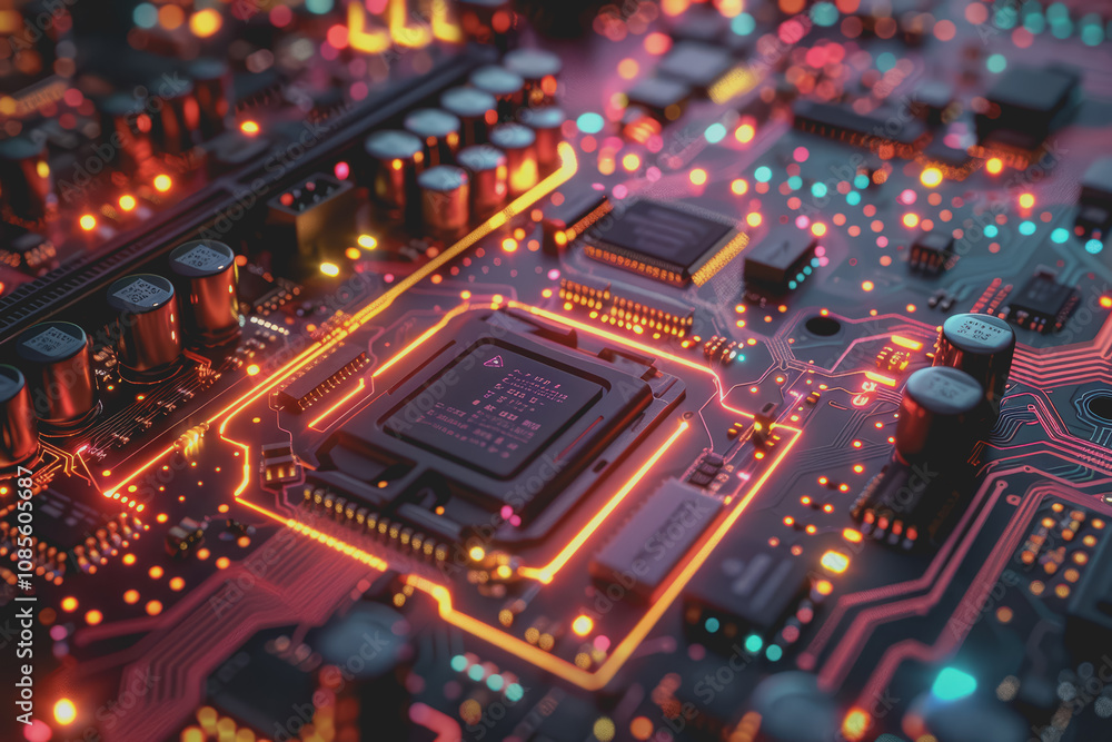 Poster futuristic advanced technology in bright colors data flows through the microchip and motherboard.