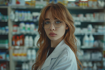 Portrait of confident female pharmacist in the drugstore looking at camera.