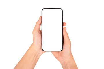 Hand showing smartphone with blank screen isolated on white background.