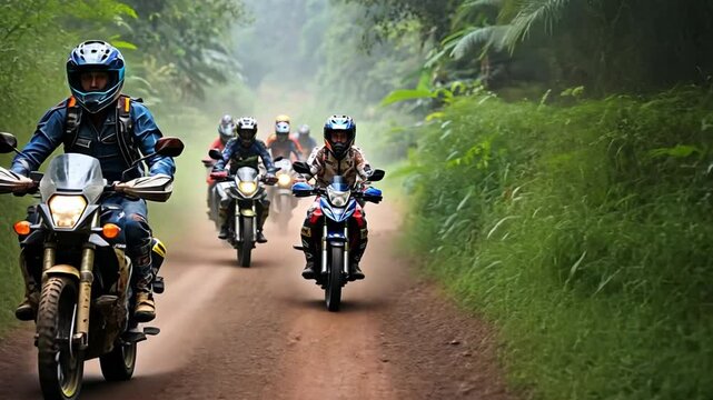 A group of motorcyclists ride down a dirt road in the woods