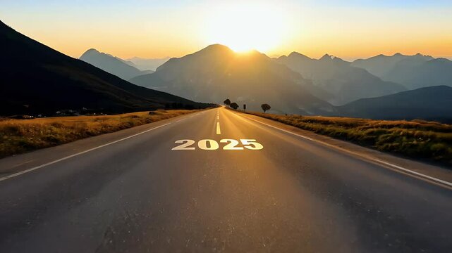 The year 2025 written road middle paved highway sunset mountain backdrop symbolizing journey planning challenges upcoming start concept beginning success goal time uncertainty new trip christmas