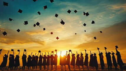 A group of graduates are throwing their caps into the air
