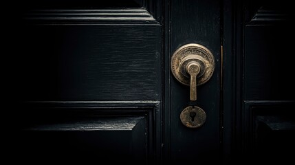 Fototapeta premium Antique Brass Door Handle and Keyhole on a Dark Wooden Door
