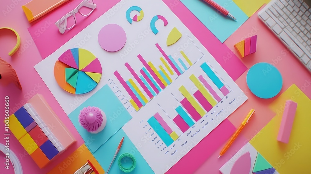 Poster colorful and creative workspace with graphs and charts on pink background for business analysis and 