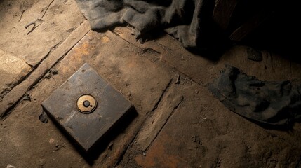 Mysterious Vintage Metal Plate on Aged Wooden Floor