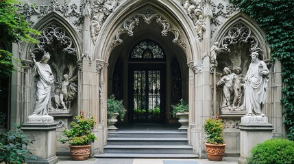 Elegant Gothic Revival Building Entrance with Sculptures