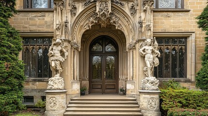 Obraz premium Entrance of a Gothic Revival Building with Sculptures