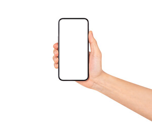 Hand showing smartphone with blank screen isolated on white background.