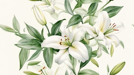 Seamless pattern featuring a circular watercolor frame adorned with elegant white lilies buds and lush green leaves decorative design floral art