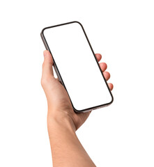 Hand showing smartphone with blank screen isolated on white background.