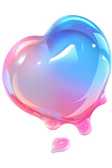 Glossy heart-shaped bubble with a gradient of pink, blue, and purple tones, featuring dripping details, reflecting light and creating a vibrant, artistic design, isolated on a transparent background