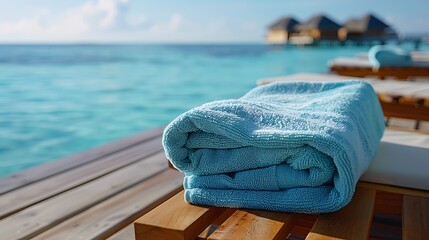 A neatly folded blue towel on a wooden deck by a serene turquoise sea.
