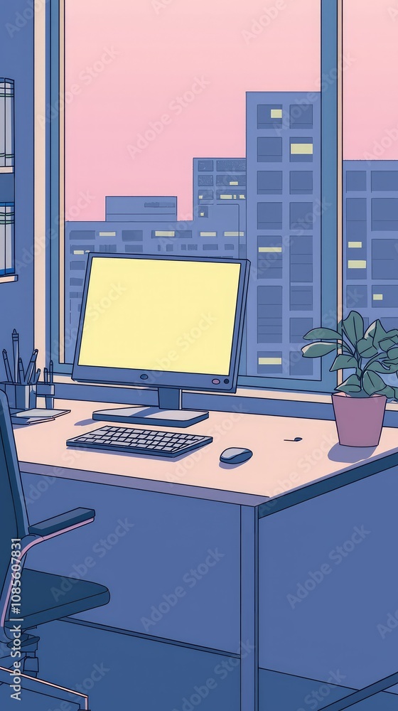 Poster simple office workspace with computer and city view