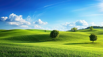 Fototapeta premium Rolling Hills with Trees Under a Blue Sky