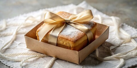 A Festive Treat  A square cake adorned with a delicate dusting of powdered sugar and tied with a golden ribbon, presented in a rustic brown box, a perfect gift for any celebration.
