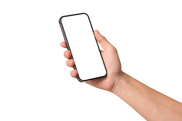 Hand showing smartphone with blank screen isolated on white background.