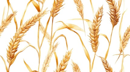 Seamless watercolor pattern of hand drawn rye spikelets on white background perfect for bakery branding and menu design