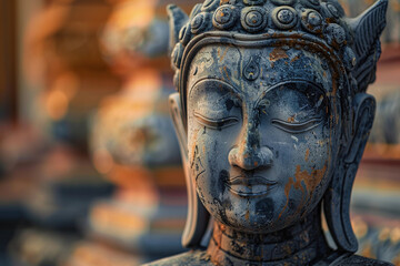 Greeting card with ancient statue great Buddha on holiday composition